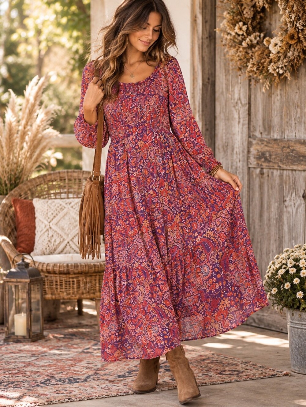 Angie Floral Paisley Maxi Dress Smocked Bodice Flowy Boho Chic Prairie Fall🍂🌸